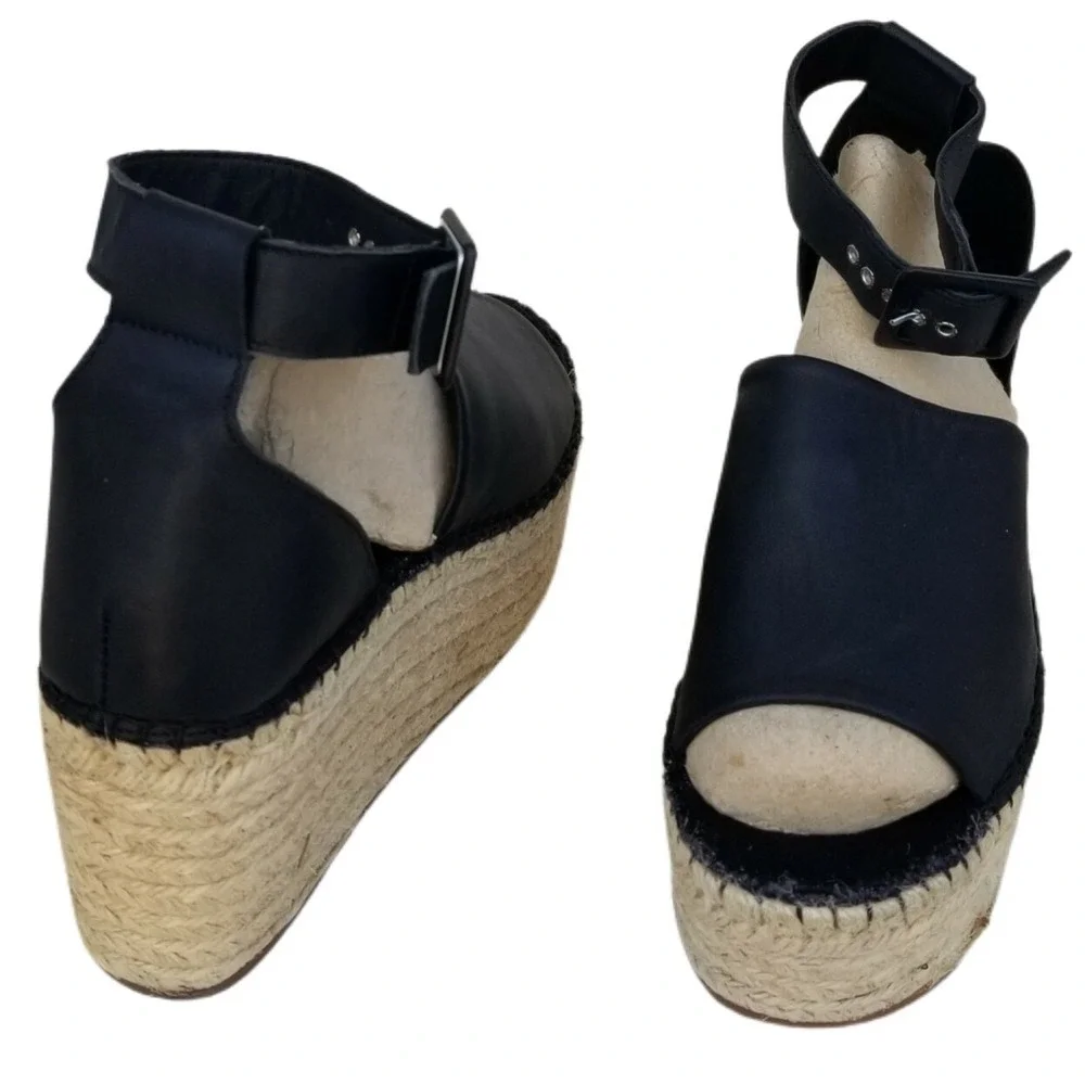 FREE PEOPLE Black Leather Open Toe Ankle Straps Platform Espadrille Sandal Sz 40